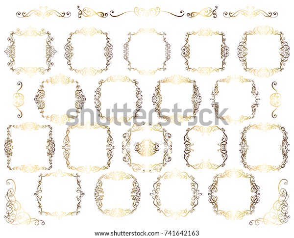 Big set of gold vintage styled calligraphic frames\
and flourishes, complex and exquisite decoration for invitation or\
greeting card.