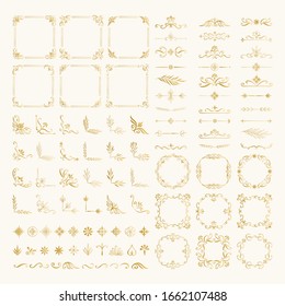 Big set of golden calligraphic elements. For wedding design. Vector isolated illustration.