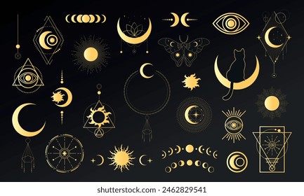 Big set of golden celestial magical and astrological symbols. Celestial space emblems. Vector illustration