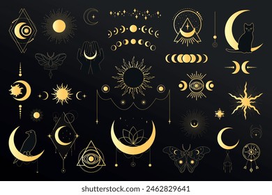 Big set of golden celestial magical and astrological symbols. Celestial space emblems. Space elements. Vector illustration