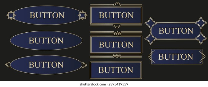 Big set Golden frame with Button text in Medieval style isolated black background. Game element in luxury metal texture. Vector illustration can used web pages, social media buttons. 