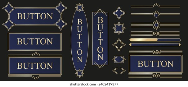 Big set Golden frame with Button text in Medieval style isolated black background. Game element in luxury metal texture. Vector illustration can used web pages, social media buttons. 