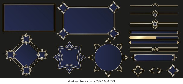 Big set Golden frame with space for text in Medieval style isolated black background. Game element in luxury metal texture. Vector illustration can used web pages, social media buttons. 