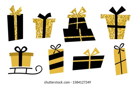 Big set golden gifts box. Gift icons in flat style, can be used for cards for Christmas or birthday.