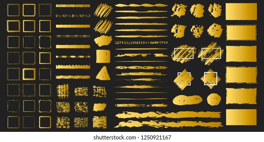 Big Set Of Golden Grunge Hand Drawn Rough Box Torn Shapes. Vector Isolated Background. Edge Foil Frames. Distressed Brush Strokes, Blots, Borders And Gold Dividers.