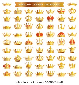 Big set of golden royal crown heraldic icons