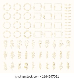 Big set of golden rustic hand drawn botanical borders, floral dividers, flowers and branches. Vector isolated elements. Wedding flourish gold laurel wreaths and frames for invitation card.