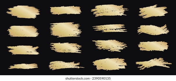 Big set of golden vector textured brush splashes. Detailed rough luxury blots, ink smears, paint smudges, pencil stains as text boxes. Template of freehand paintbrush strokes, artistic design elements
