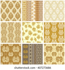 Big set of golden Victorian vintage wallpapers. Seamless floral patterns, geometric borders, damask ornaments, baroque elements. Italian, French, Chinese, Indian motifs.