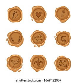 Big set golden wax seal stamps with different inscriptions. Decorative cartoon mockup. Vintage post signet illustration for wedding invitation, letters, calligraphy design. Vector isolated on white 