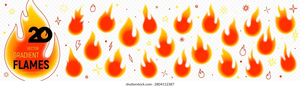 Big Set of Gradient Fire Flames. Vector collection of bright burning red, orange and yellow blaze templates with blur edges for fire icon, hot sale banner, energy and passion concepts, summer designs.