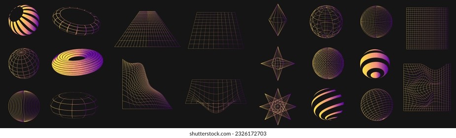 Große Reihe von Farbverlauf-Wireframe-Formen. Cyber Neo futuristische Gitter, 3D-Mesh-Objekte und Formen. Wireframe Wavy geometrische Perspektive Ball, Kugel, Rhombus, Oval, Gitter, . 80er-Elemente, Vektorset.