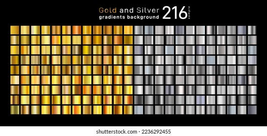 Big set of gradients, consisting of collection 108 gold and 108 silver glossy squares. Icon texture metallic for ribbon, frame, coin, label. 216 Vector backgrounds. Elegant light and glitter pattern.