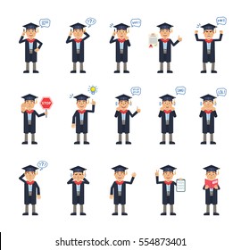 Big set of graduate student characters showing different actions, emotions, gestures. Cheerful graduate talking on phone, holding stop sign, book and doing other actions. Simple vector illustration