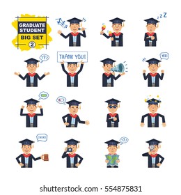 Big set of graduate student emoticons showing different actions, gestures, emotions. Cheerful graduate singing, sleeping, holding banner, map and doing other actions. Simple vector illustration