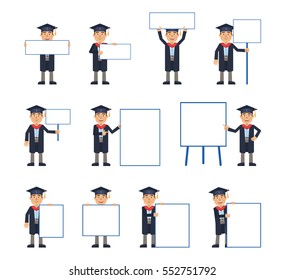 Big set of graduate student posing with different blank banners. Cheerful graduate holding paper, poster, placard, pointing to whiteboard. Teach, advertise, promote. Simple vector illustration