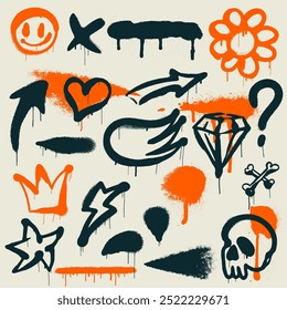 Big set of graffiti drawing symbols. Painted graffiti spray pattern of lightning, heart, arrow, crown, star, and smile. Graffiti black, orange spray paint elements. Template street art style vector.