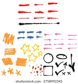 Big Set of Graffiti Spray Paint Brush Strokes and Splatter Elements in Various Colors for Urban Branding.