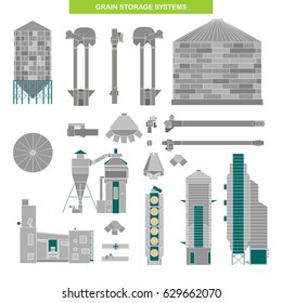 Big Set Of Grain Storage Equipment: Flat Bottom Silo, Hopper Tank, Grain Bin, Chain Conveyor, Bucket Elevator, Pipe, Shutter, Valve, Distributor, Cleaner, Dryer. Vector Illustration In Flat Style.