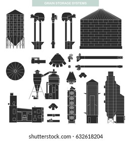 Big Set Of Grain Storage Equipment: Flat Bottom Silo, Hopper Tank, Grain Bin,chain Conveyor, Bucket Elevator, Pipe, Shutter, Valve, Distributor, Cleaner, Dryer. Vector Illustration In Flat Style.