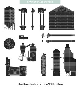 Big Set Of Grain Storage Equipment: Flat Bottom Silo, Hopper Tank, Grain Bin, Chain Conveyor, Bucket Elevator, Cleaner, Dryer. Vector Illustration In Flat Style.