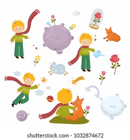 Big set of graphic elements - little boy, space, planets, rainbow, stars, little fox.  Combine object for nursery poster, print for baby room, shower card. 