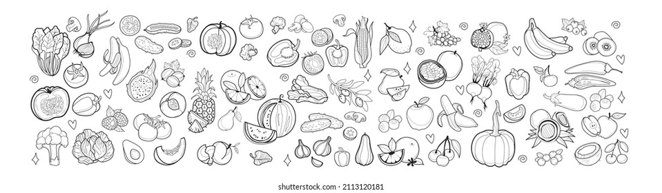 Big set of graphic vector vegetables, fruits, greens and berries. Black lines, sliced vegetables and fruits. For design and patterns. 