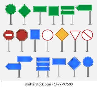 Big set of green, blue, colorful road signs. Blank traffic label are empty. Warning, caution, attention, stop banners are shown for transport. Safety, shape danger, boards street guide vector.
