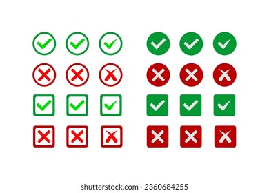 big set of green check marks and red crosses mark. circle and square. symbols of acceptance, rejection and attention.