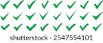 Big set of green check or tick icons for design. Check symbol isolated on white background.