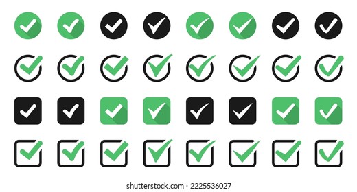 Big set of green check or tick icons for design