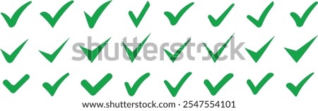 Big set of green check or tick icons for design. Check symbol isolated on white background.