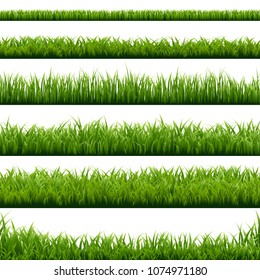 Big Set Green Grass Borders With Gradient Mesh, Vector Illustration