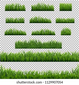 Big Set Green Grass Borders Transparent Background With Gradient Mesh, Vector Illustration