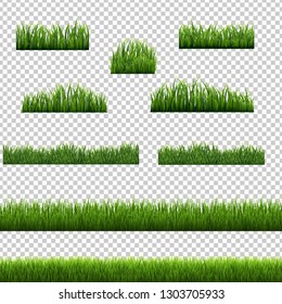 Big Set Green Grass Borders Transparent Background White Background, Vector Illustration