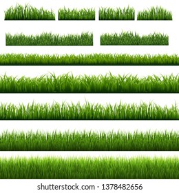 Big Set Green Grass Borders Isolated, Vector Illustration