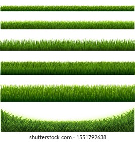 Big Set Green Grass Borders White Background, Vector Illustration
