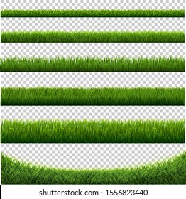 Big Set Green Grass Borders Transparent Background, Vector Illustration