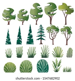 Big set of green grass bushes and trees modern foliage design for garden or public park decoration flat vector illustration isolated on white background