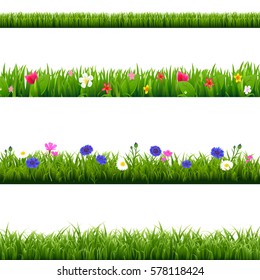 Big Set Green Grass And Spring Flowers Borders With Gradient Mesh, Vector Illustration