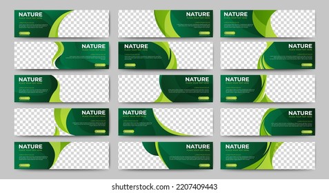Gran conjunto de plantillas de banner de naturaleza horizontal verde. Diseño ecológico moderno, diseño de fondo abstracto con fotos. Banner corporativo editable de colección de vectores.