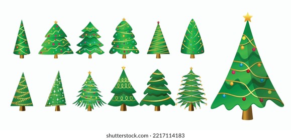 big set of green pine tree for christmas holiday or new year design 