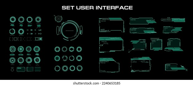 Big set green vector elements for graphical user interface. Dialog frames with callouts, circles and titles for modern screens or video games. Modern digital HUD user interface