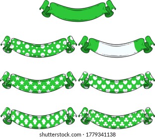 Gran conjunto de banderas de cinta con motivos verdes y blancos. Puntos, rayas, estrellas, corazones, hongos y trébol. Ilustraciones vectoriales de elementos decorativos para sus diseños vibrantes. Parte 3