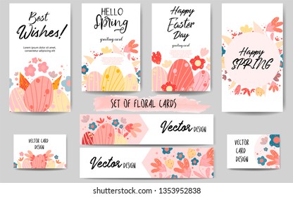 Big set of greeting cards or business templates. Postcards with inscription Best Wishes, Hello Spring, Happy Easter Day, Happy Spring . Editable isolated design elements