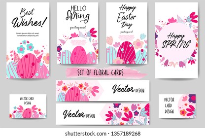 Big set of greeting cards or business templates. Postcards with inscription Best Wishes, Hello Spring, Happy Easter Day, Happy Spring . Editable isolated design elements