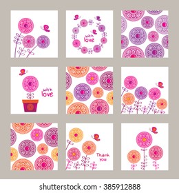 Big set of Greeting cards for March 8, Valentine's Day, Mother's Day, birthday, wedding invitations. Spring decorative flowers with butterfly. Doodles, sketch for your design. Vector illustration.