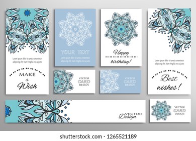 Big set of greeting Cards or wedding Invitations. Postcards template with inscription Make a Wish, Best Wishes, Happy Birthday. Banner, business cards with mandala ornament. Isolated design elements