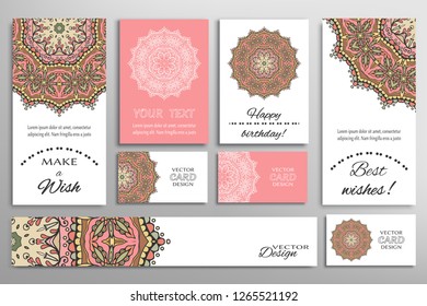 Big set of greeting Cards or wedding Invitations. Postcards template with inscription Make a Wish, Best Wishes, Happy Birthday. Banner, business cards with mandala ornament. Isolated design elements