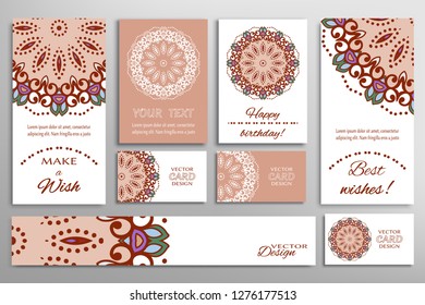 Big set of greeting Cards or wedding Invitations. Postcards template with inscription Make a Wish, Best Wishes, Happy Birthday. Banner, business cards with mandala ornament. Isolated design elements